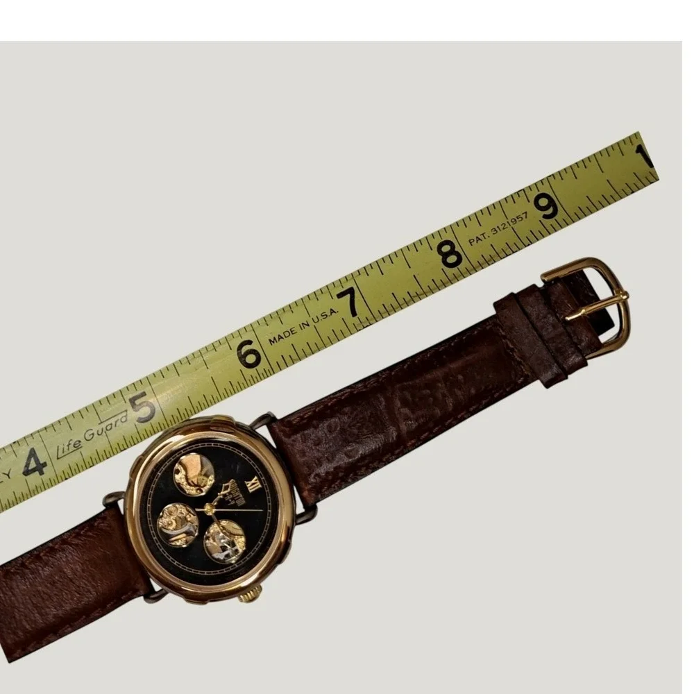Brighton Bay Mens Mechanical Skeleton Watch Black Dial Gold Case Brown Leather
